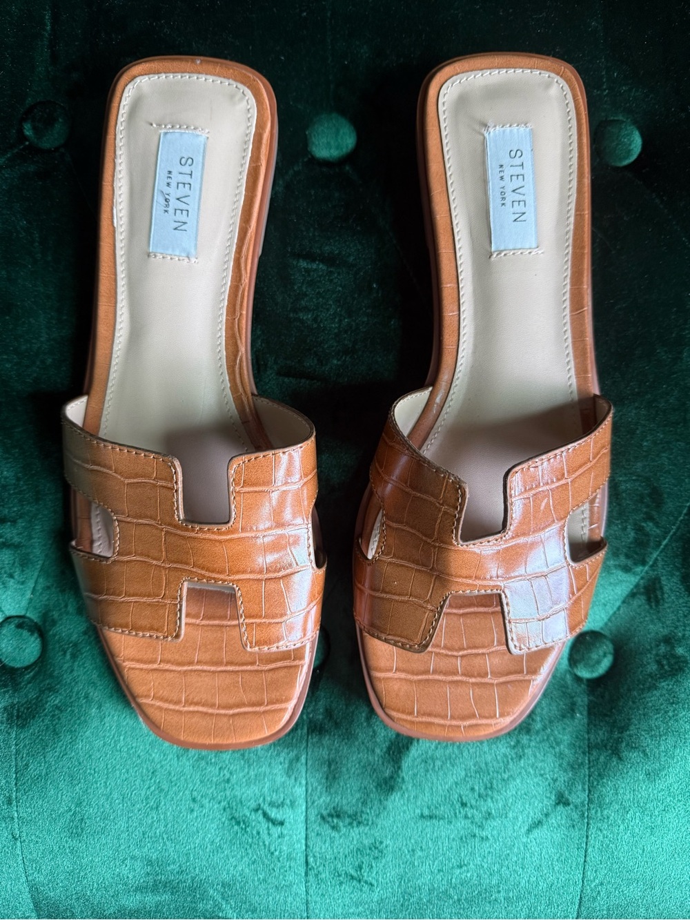 Steven New York Cognac Croc Embossed H Slide Sandals Flat Slides Size 9.5